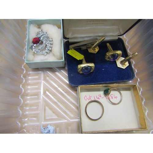 406 - COSTUME JEWELLERY, selection of brooches, stone set tie pins, cuff links and 2 rings