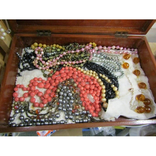 410 - FAUX PEARLS & BEADED NECKLACES, wooden box containing a large collection of faux pearls and beaded n... 