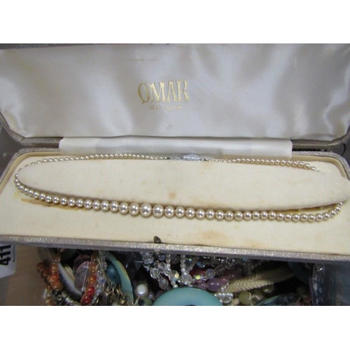 411 - COSTUME JEWELLERY, plastic box containing selection of beaded necklaces, pendants, Omar faux pearls ... 