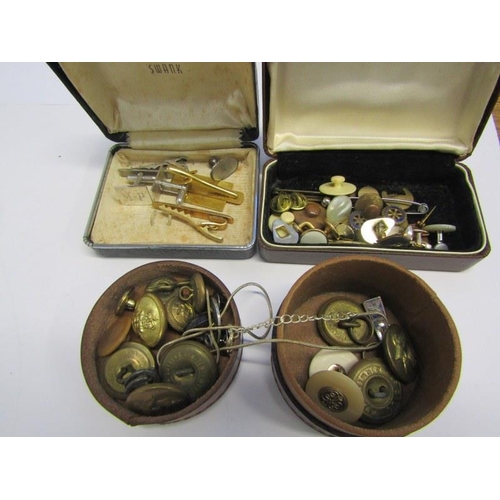 414 - BUTTONS & BADGES, 2 plastic trays containing  military and other buttons, cuff links, etc, also a bo... 