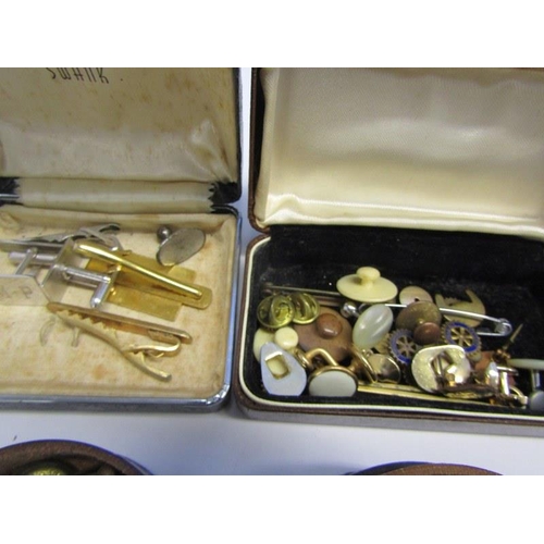 414 - BUTTONS & BADGES, 2 plastic trays containing  military and other buttons, cuff links, etc, also a bo... 