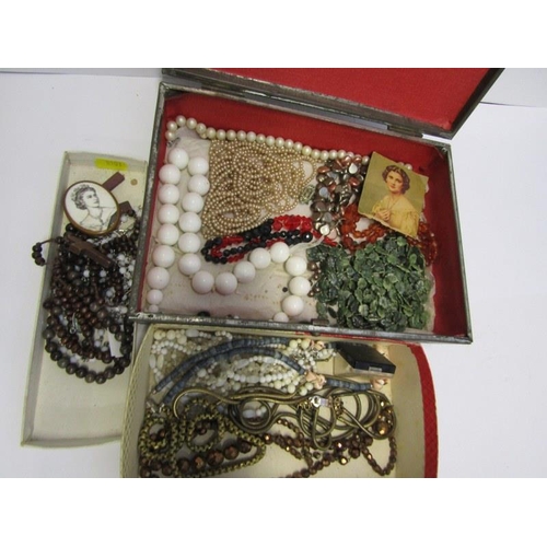 415 - COSTUME JEWELLERY, box containing selection of beaded and faux pearl necklaces, Rosary beads, etc