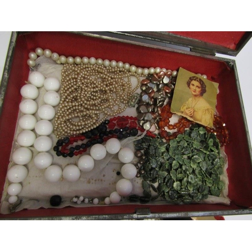 415 - COSTUME JEWELLERY, box containing selection of beaded and faux pearl necklaces, Rosary beads, etc