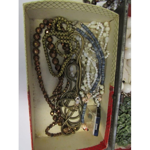 415 - COSTUME JEWELLERY, box containing selection of beaded and faux pearl necklaces, Rosary beads, etc