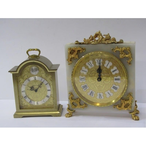 420 - MANTEL CLOCK, onyx gilt decorated mantel clock with Swiss lever escapement, together with 1 other cl... 