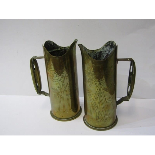 428 - TRENCH ART, pair of floral engraved and Duke of Cornwall Light Infantry decorated shell case jugs, 2... 