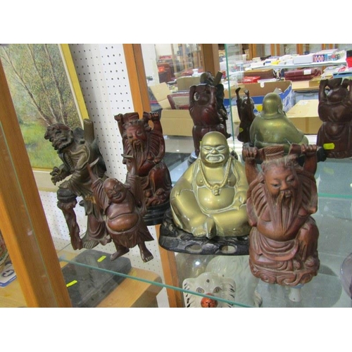 431 - ORIENTAL SCULPTURE, brass Buddha on hardwood stand, together with 4 carved cherry root figures, 15cm... 