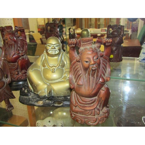 431 - ORIENTAL SCULPTURE, brass Buddha on hardwood stand, together with 4 carved cherry root figures, 15cm... 