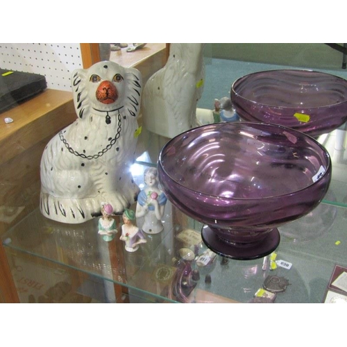 433 - WEBBS AUBERGINE GLASS BOWL, 3 porcelain half ladies and Staffordshire spaniel a/f