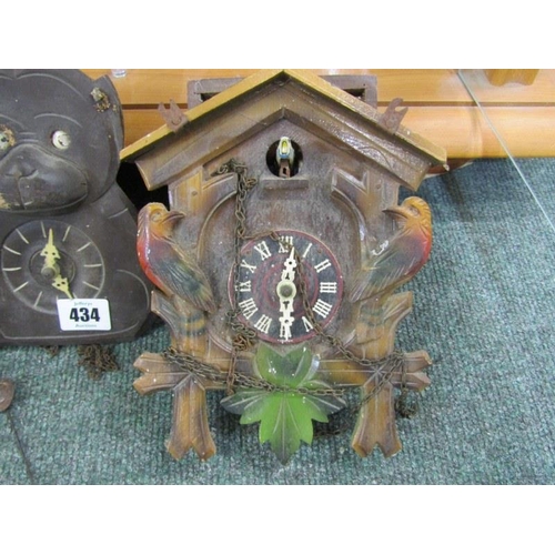 434 - CUCKOO CLOCKS, 2 vintage cuckoo clocks and 1 similar novelty monkey clock