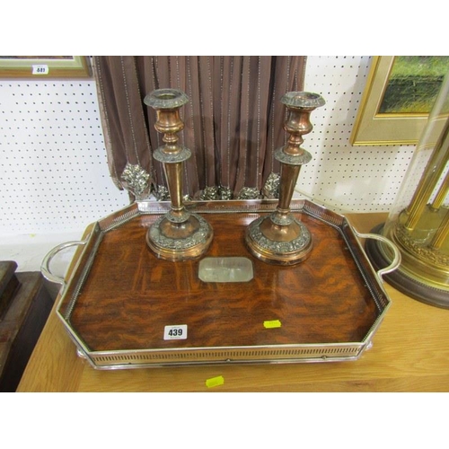 439 - SILVERPLATE, pair of Georgian Sheffield plate candlesticks & plated twin handled gallery tray