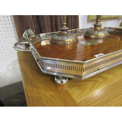 439 - SILVERPLATE, pair of Georgian Sheffield plate candlesticks & plated twin handled gallery tray