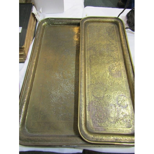 443 - EASTERN METALWARE, 3 Persian design brass trays, together with a Hayle Arts & Crafts copper crinolin... 