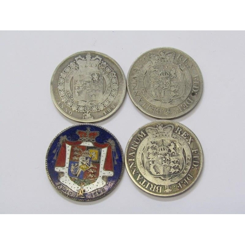 68 - 19th CENTURY SILVER HALF CROWNS X 4; 1817 George III x 2, 1822 George IV & 1835 William IV, Enamelle... 