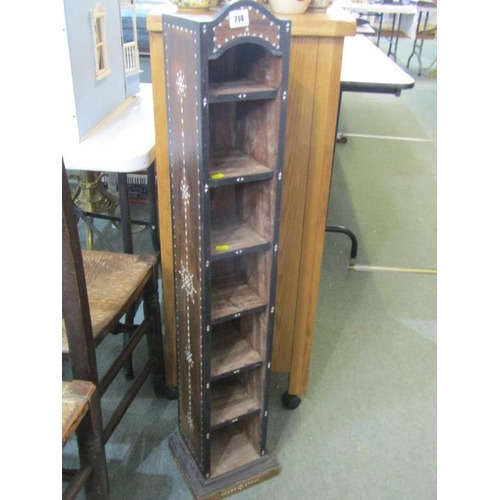 714 - NARROW SHELF UNIT, ebonised shelf unit with mother-of-pearl inlay, fitted 6 shelves, 104cm height