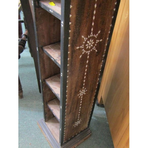 714 - NARROW SHELF UNIT, ebonised shelf unit with mother-of-pearl inlay, fitted 6 shelves, 104cm height