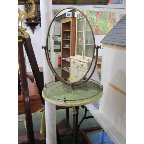 715 - GENTLEMAN'S SHAVING MIRROR, brass frame and oynx shaving stand, with oval mirror, circular stand on ... 