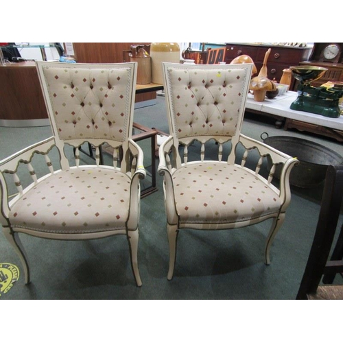 717 - ANTIQUE DESIGN FRENCH ARMCHAIRS, pair of cream painted and gilded armchairs on cabriole legs with fl... 