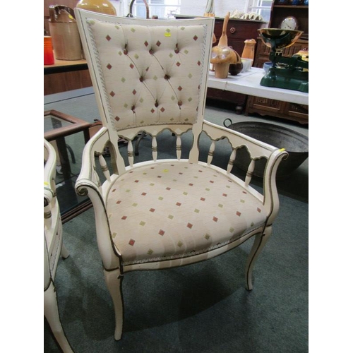 717 - ANTIQUE DESIGN FRENCH ARMCHAIRS, pair of cream painted and gilded armchairs on cabriole legs with fl... 