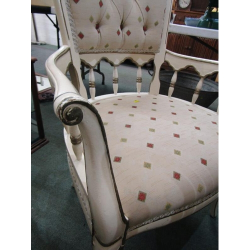 717 - ANTIQUE DESIGN FRENCH ARMCHAIRS, pair of cream painted and gilded armchairs on cabriole legs with fl... 