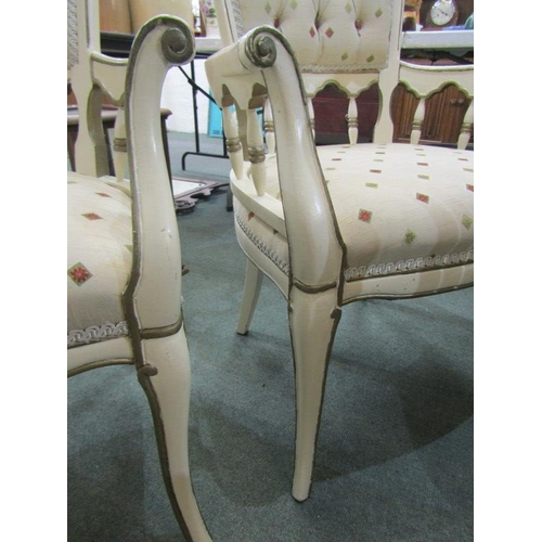 717 - ANTIQUE DESIGN FRENCH ARMCHAIRS, pair of cream painted and gilded armchairs on cabriole legs with fl... 