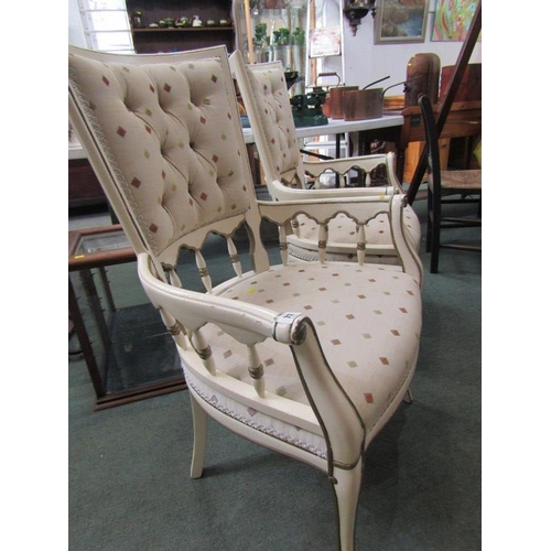 717 - ANTIQUE DESIGN FRENCH ARMCHAIRS, pair of cream painted and gilded armchairs on cabriole legs with fl... 