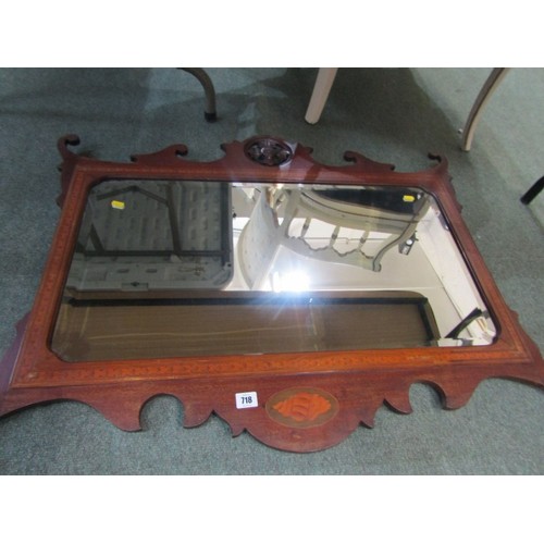 718 - EDWARDIAN MIRROR, a rectangular bevel edged mirror, in a mahogany frame with satinwood inlay and she... 