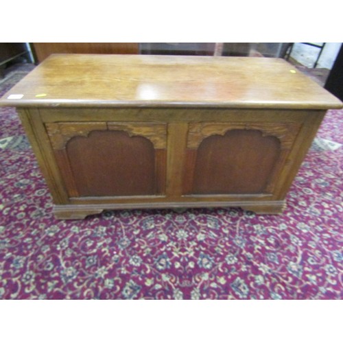 721 - OAK BLANKET BOX, oak blanket box with twin panel front and rising top, 97cm