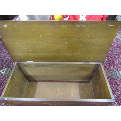 721 - OAK BLANKET BOX, oak blanket box with twin panel front and rising top, 97cm