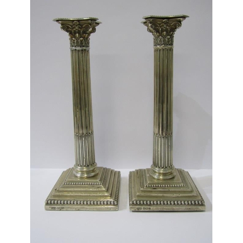 1 - PAIR OF VICTORIAN CORINTHIAN COLUMN SILVER CANDLESTICKS, with fluted support, square form stepped ba... 