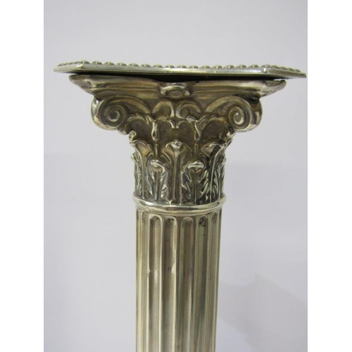 1 - PAIR OF VICTORIAN CORINTHIAN COLUMN SILVER CANDLESTICKS, with fluted support, square form stepped ba... 