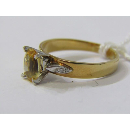 109 - 18ct YELLOW GOLD YELLOW SAPPHIRE RING, principal oval cut yellow sapphire in 4 claw setting with acc... 