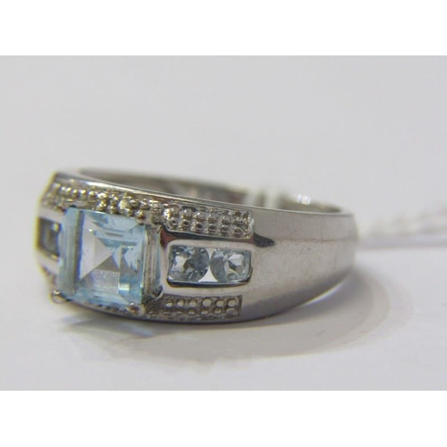 115 - 9ct WHITE GOLD PALE BLUE TOPAZ & DIAMOND RING, size N/O