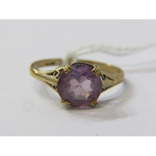 120 - 9ct YELLOW GOLD AMETHYST SOLITAIRE RING, brilliant cut amethyst in 4 claw setting, size L