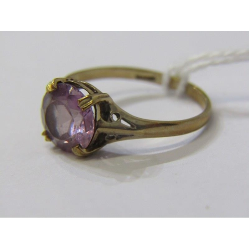 120 - 9ct YELLOW GOLD AMETHYST SOLITAIRE RING, brilliant cut amethyst in 4 claw setting, size L