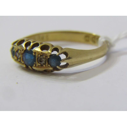 126 - VINTAGE 18ct YELLOW GOLD SAPPHIRE & DIAMOND RING, 3 principal blue sapphires each seperated by an ac... 