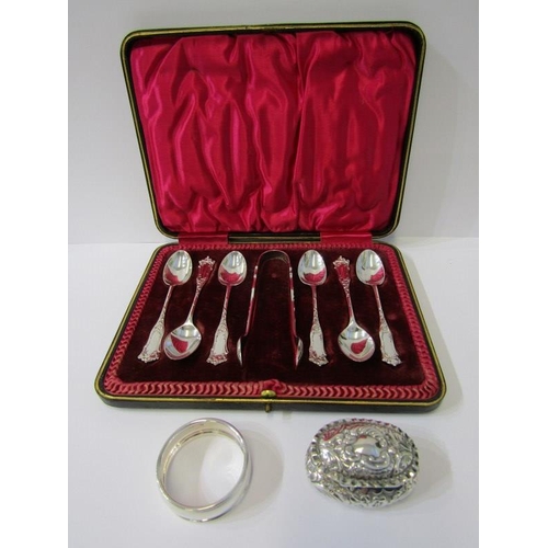 13 - SILVER TEASPOON SET, cased set of 6 teaspoons with matching sugar tongs, makers JR of Sheffield; als... 