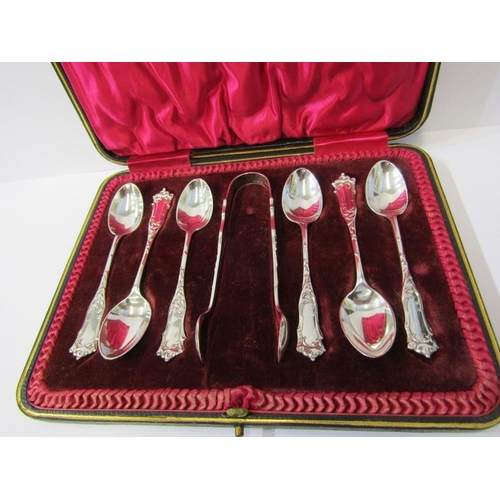 13 - SILVER TEASPOON SET, cased set of 6 teaspoons with matching sugar tongs, makers JR of Sheffield; als... 