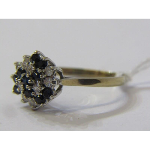 130 - 9ct YELLOW GOLD & BLUE  WHITE STONE CLUSTER RING, size N