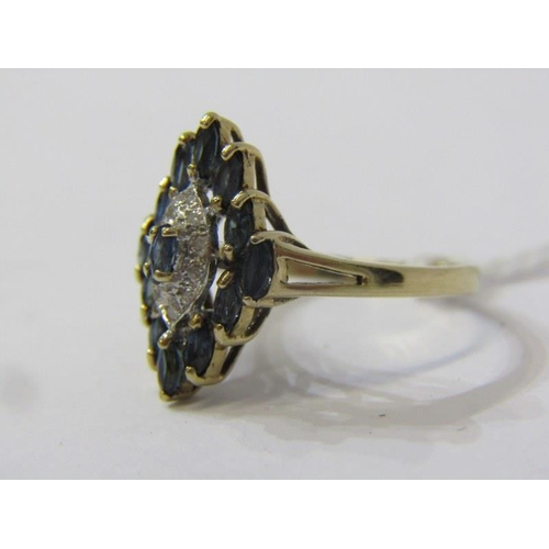 132 - 9ct YELLOW GOLD SAPPHIRE & DIAMOND CLUSTER RING, principal marquise cut sapphire surrounded by accen... 