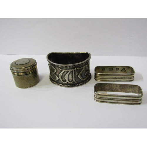 14 - SILVER NAPKIN RINGS & PILL BOX, circular silver pill box with engine turned decoration with gilt int... 