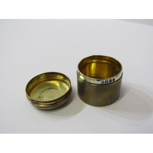 14 - SILVER NAPKIN RINGS & PILL BOX, circular silver pill box with engine turned decoration with gilt int... 