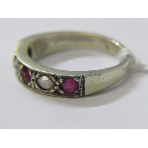 141 - 9ct WHITE GOLD RUBY & DIAMOND HALF ETERNITY STYLE RING, 3 principal brilliant cut rubies, seperated ... 