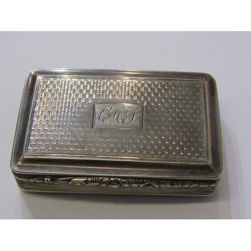 16 - GEORGIAN SILVER SNUFF BOX, with lined and engine turned decoration and silver gilt interior, maker N... 