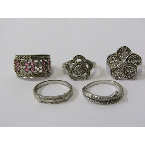 160 - SILVER RINGS, selection of 5 stone set silver rings, including floral design, snake design, eternity... 