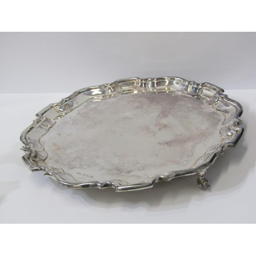 2 - SILVER SALVER, shaped edge silver salver on 3 scroll feet, makers EV Sheffield, 1938, 802 grams