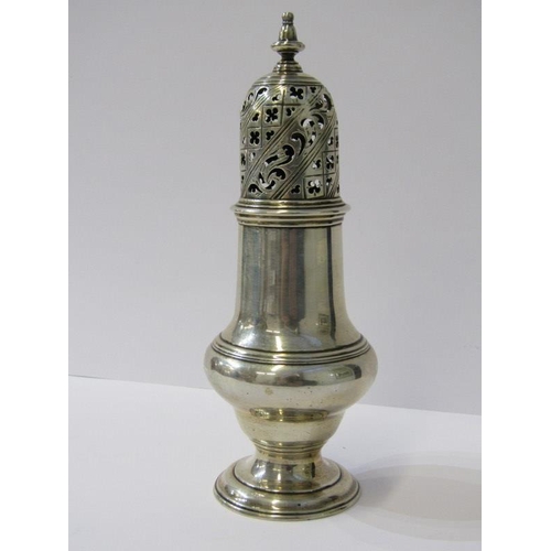 20 - GEORGIAN SILVER CASTOR, with pierced decorated lid, with plain body on a circular tapering foot, mak... 