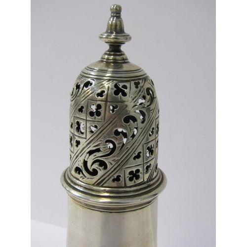 20 - GEORGIAN SILVER CASTOR, with pierced decorated lid, with plain body on a circular tapering foot, mak... 