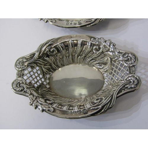 28 - SILVER SWEETMEAT DISHES, with pierced bodies, makers VB & S, Birmingham 1899, 12cm width, 79 grams