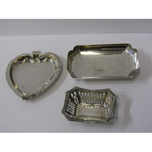 29 - SILVER HEART FORM PIN DISH, 10cm dish, Birmingham HM, 1912; also a pierced bodied sweetmeat dish, al... 